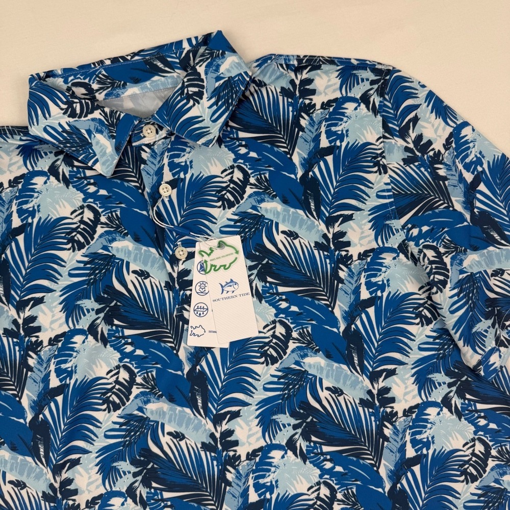 Southern Tide Mens Driver Paradise Palms Polo Shirt Blue Tropical Print Small